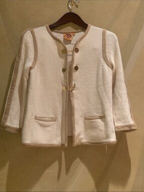 Tory Burch Cream Knit Jacket with Tan Trim